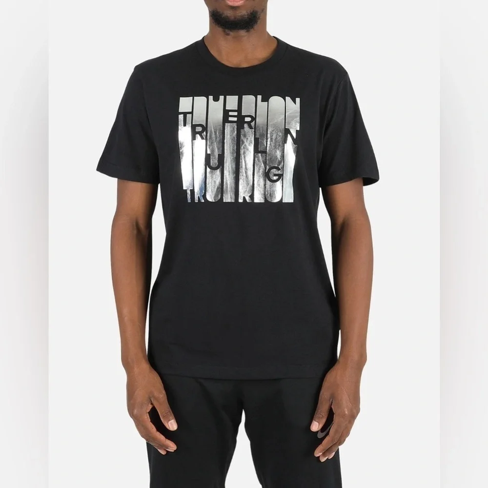 True Religion Black Metallic Foil Column Graphic Tee.  Size Medium